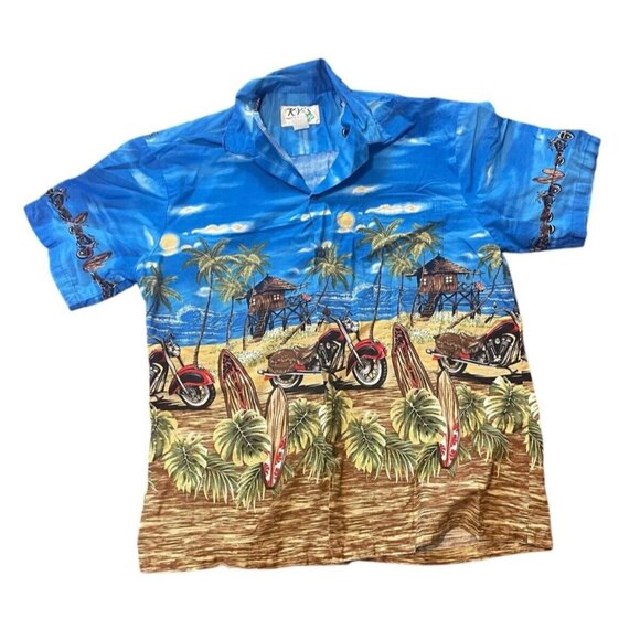 KY's Hawaii Blue Men's XL Hawaiian Shirt Motorcycle Ocean Beach Hut Scene - Picture 1 of 6